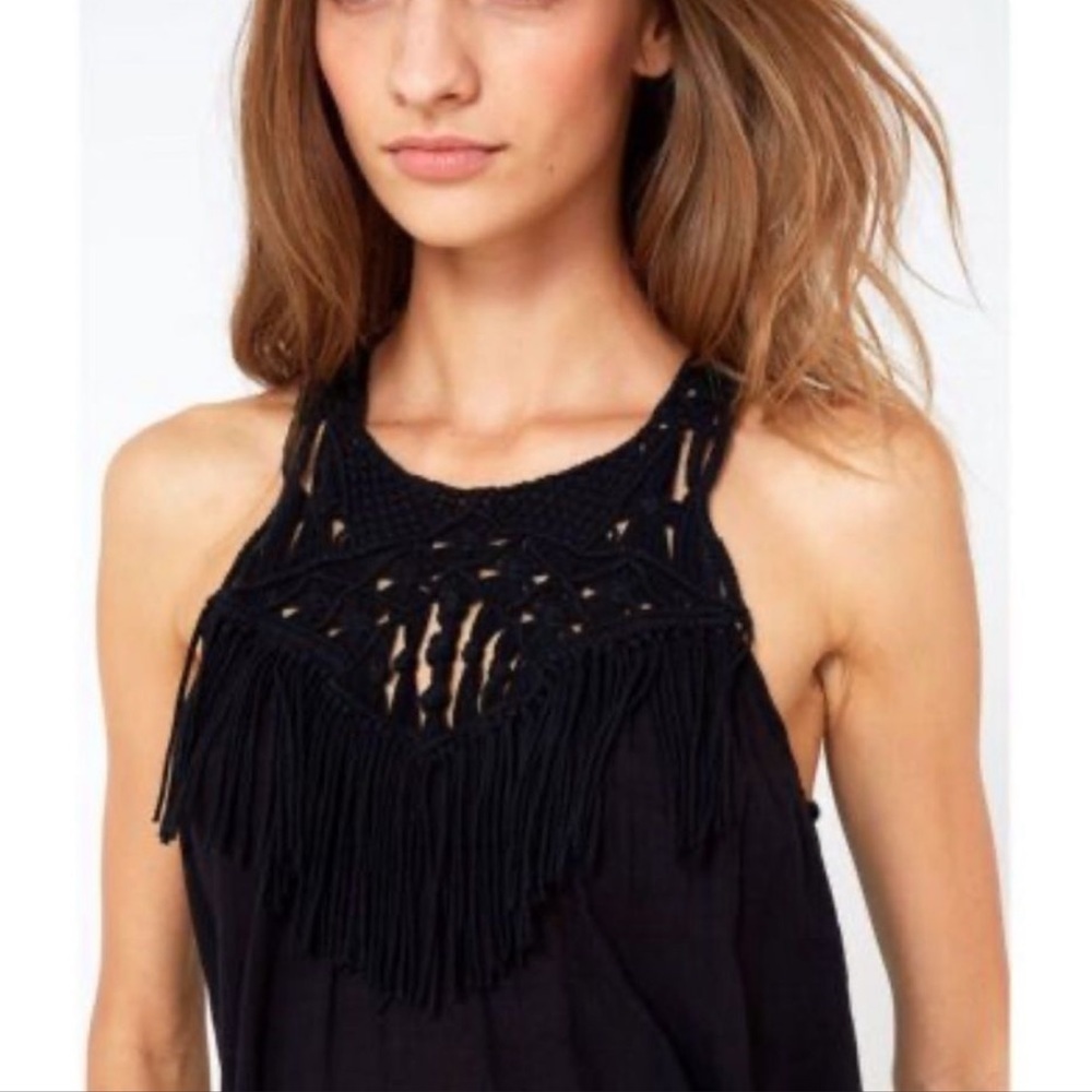 Ulla Johnson- Black Fringe Bib Collar Silk Sleeveless Midi Dress